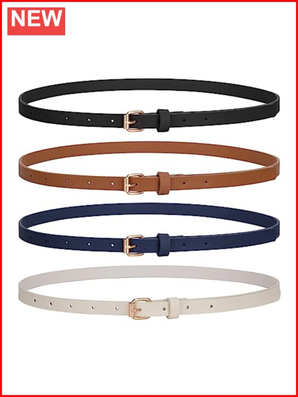 4 Pack Skinny Faux Leather Thin Waist Belt Set with Gold Buckle